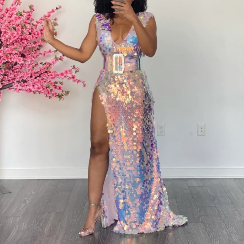 Iridescent Lavender Sequin Maxi Dress with High Slit